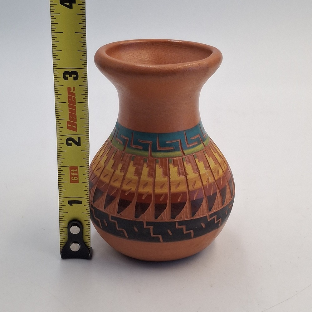 Navajo Pottery Vase Signed S. Lewis Hand Carved Etched Terracotta Geometric 3"